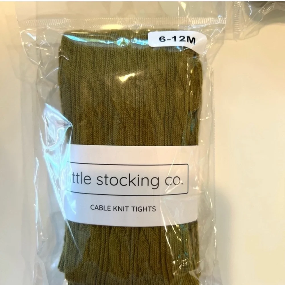 New! Set of two Little Stocking Co. Olive Green Cable Knit Tights 6-12 months